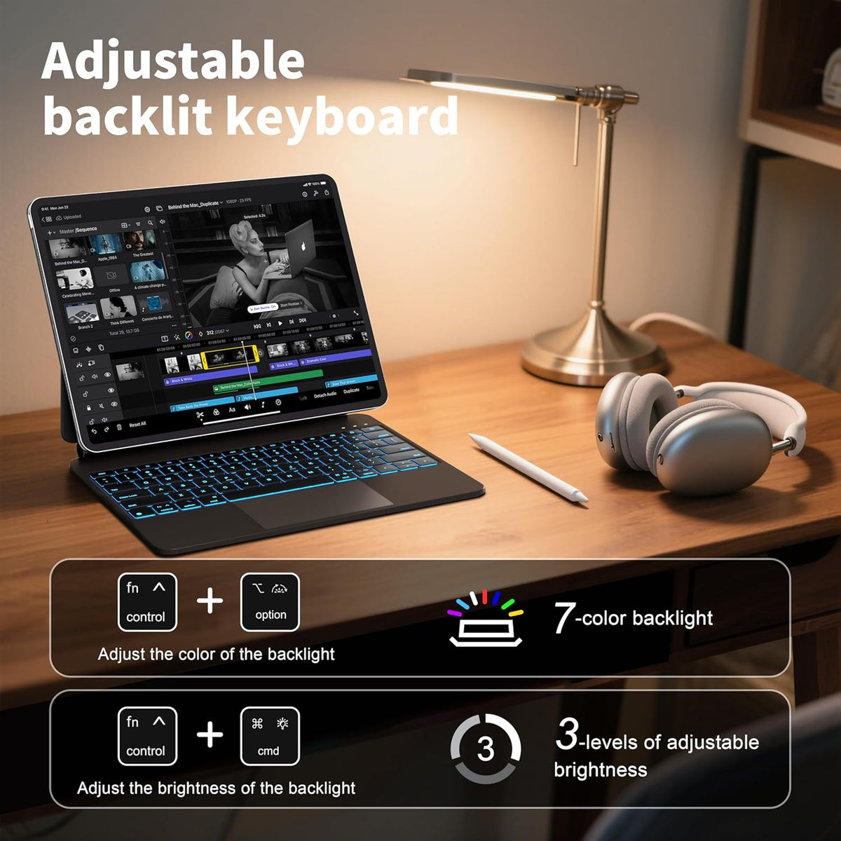 iPad Pro 13 inch case 2024 with Keyboard, Keyboard Case for iPad Pro 13-inch (M4, 2024) with 7 Colors Backlight, Multi-Touch Trackpad, Easy-Set Magnetic Stand, Auto Sleep/Wake (Black)