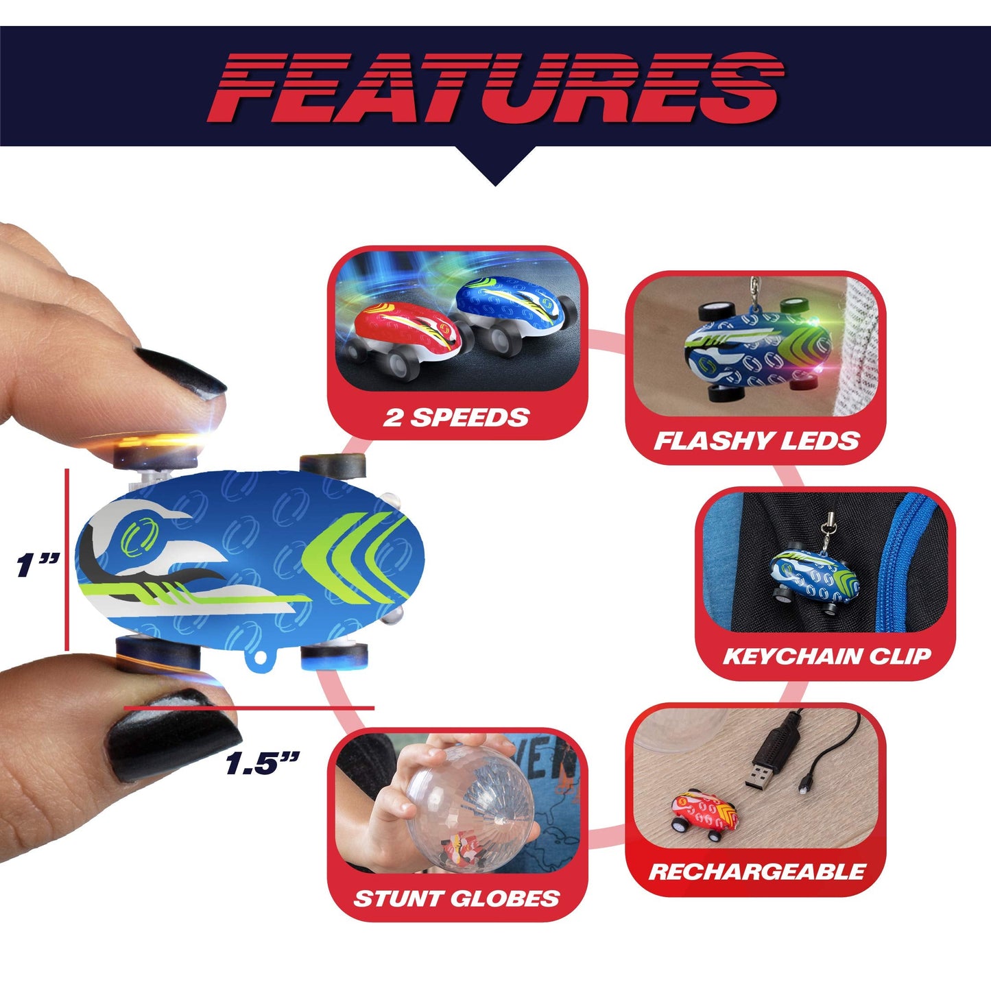USA Toyz Whipz Duo Micro Racers Toy Cars for Kids - 2pk Mini Keychain, Glow in The Dark LED Fast Pocket Racers Fidget Toys, 2 Mini Cars with 2 Racing Stunt Balls, 2 Clips, and 2 USB Chargers