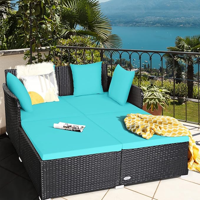 HAPPYGRILL Outdoor Rattan Daybed Patio Loveseat Sofa Set with Padded Cushion Pillows and Sturdy Aluminum Foot, Wicker Patio Furniture for Garden Porch Poolside