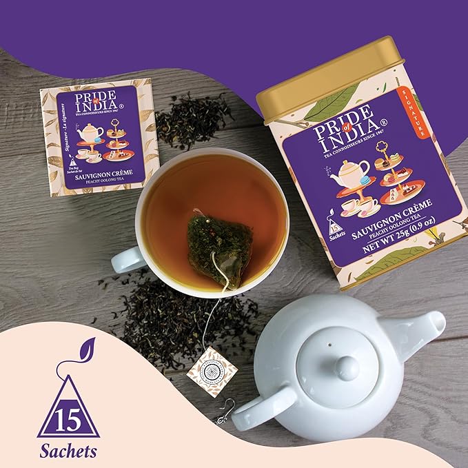 Pride of India | PACK of 6 - Sauvignon Crème Peachy Oolong Tea | 15 Pyramid Full Leaf Individually Wrapped Tea Bags | Fruity, Creamy & Citrusy Taste | Refreshing & Relaxing Experience | Caffeine