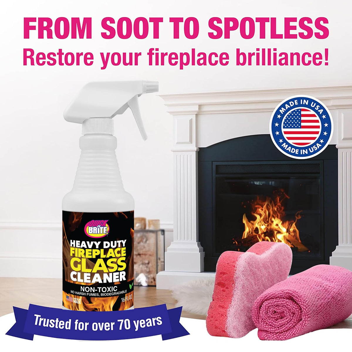 Quick N Brite Fireplace Glass Cleaner Kit with Cloth and Sponge (16 Fl Oz)