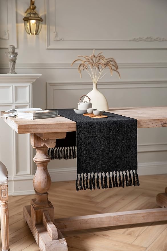 ZeeMart Black Table Runners 36 Inches Long, Burlap Linen Style Rustic Farmhouse Table Runner, Small Short Boho Coffee Table Runner, 13x36 Inches, Black