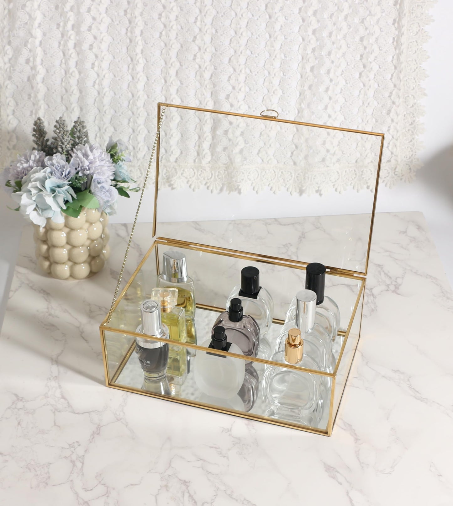 Feyarl Gold Glass Wedding Cards Display Box Keepsake Memory Photo Box Jewelry Trinket Rings Earrings Organizer Display Makeup Holder for Home Decor Wedding Engagement (10.8 x 7 x 3.9inch)