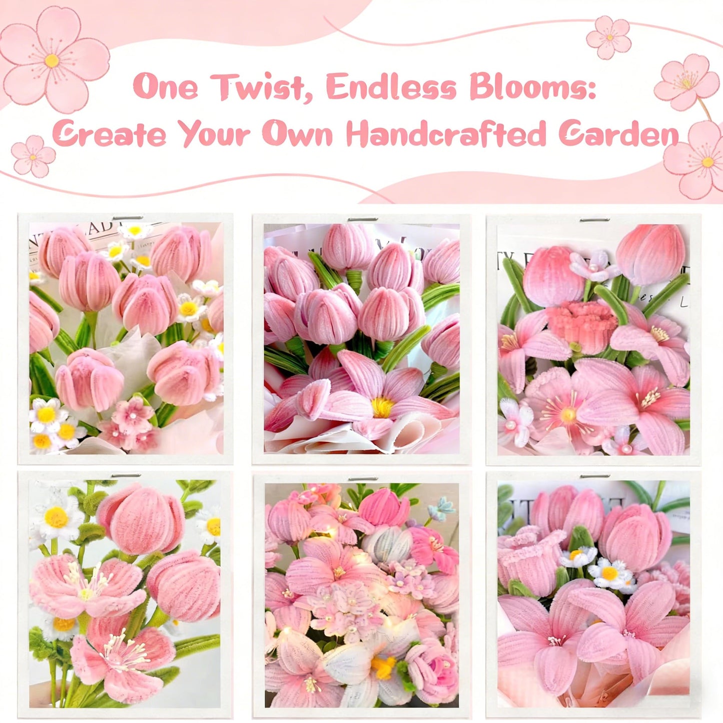 ZFTFZ 500+ Pcs Pink Pipe Cleaners Craft, Premium Chenille Stems Flower Making Kit with Wrapping Paper & Floral Tape, DIY Tulip Rose Bouquet Arts and Crafts Supplies for Adults Beginners Gifts