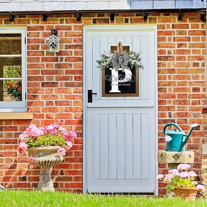 Last Name All Year Round Front Door Wreath with 26 Initial Letter Welcome Sign All Seasons Eucalyptus Garland and Bow ，Farmhouse, Porch, for Spring Summer Fall All Seasons Holiday Halloween Christmas.（P）