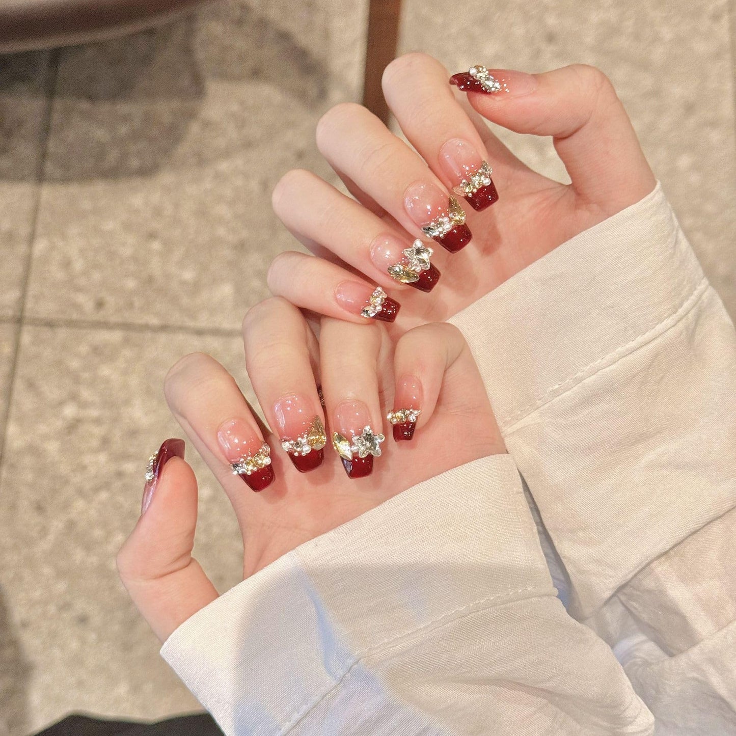 TENPAL Berry Red Glitter French Tips Press on Nails with Rhinestones,Handmade Reusable Bridal Fake Nails with Kit,Y2K Long Lasting Soft Gel Valentines nails(S)