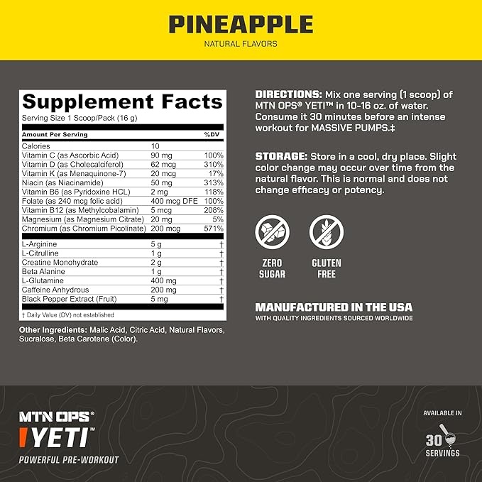 MTN OPS Yeti Pre-Workout Powder Energy Drink with Creatine, 200mg Caffeine & BCAAs with Beta Alanine, 30-Serving Tub, Pineapple Crush