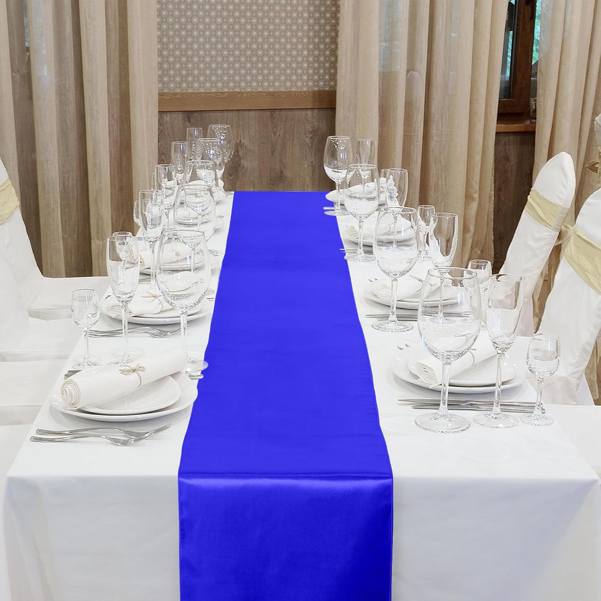 Aneco 16 Pack Satin Table Runner 12 x 108 Inch Dark Blue Long Wedding Satin Silk Table Runner for Wedding Banquet Graduations Birthday Party Decoration