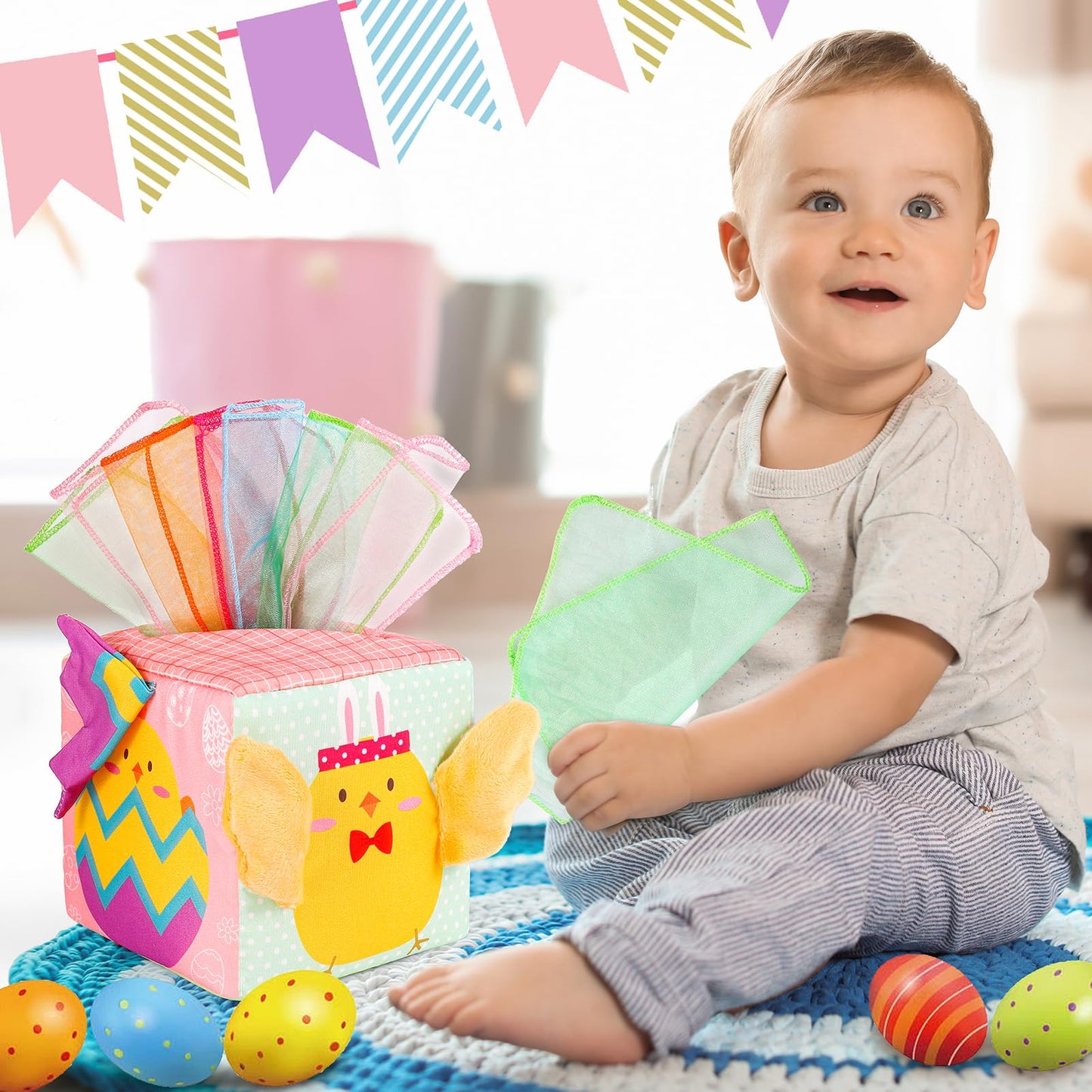 Melonegg Easter Baby Toys Montessori Toys Baby Tissue Box Toy for Babies 3 6 9 Months, Easter Gifts, Easter Basket Stuffers for Babies