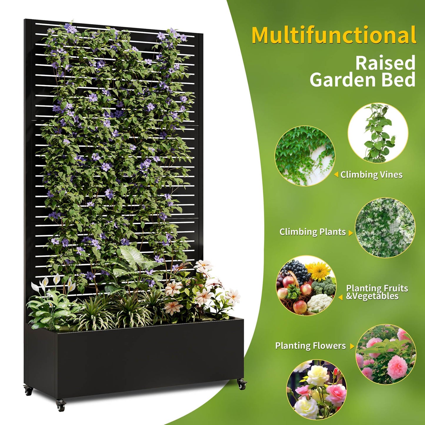Metal Planter Box with Trellis, 73-Inch Tall Raised Garden Bed with Wheels, Privacy Screen Planter for Climbing Plants, Vegetables & Vines, Galvanized Steel Outdoor Privacy Shield, Black (Square)