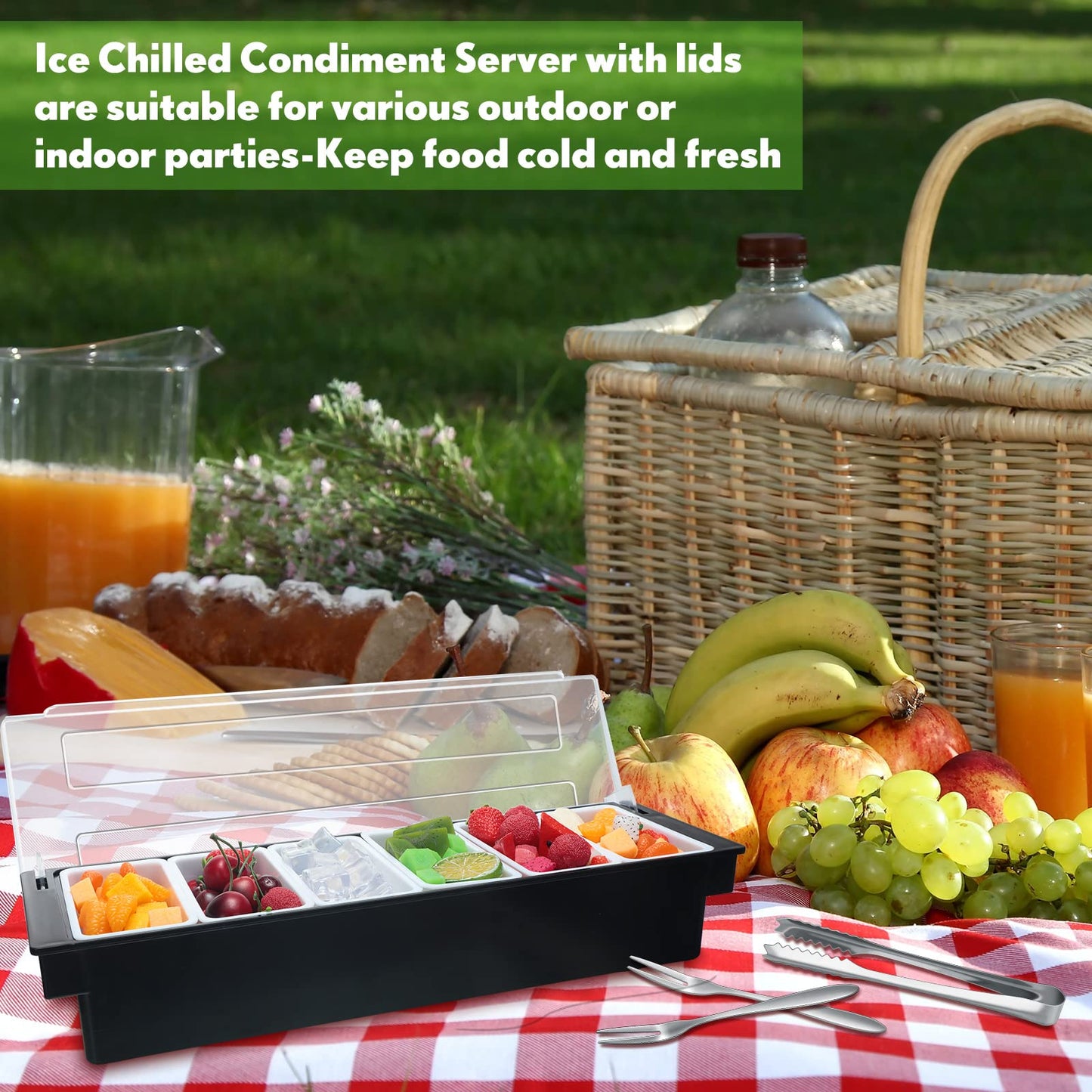 Gandeer 2 Ice Cooled Garnish Tray Deck Bar Garnish Caddy Condiment Containers with Lids and Removable Chilled Condiment Server with 6 Tongs and 6 Fruit Forks (6 Compartments)