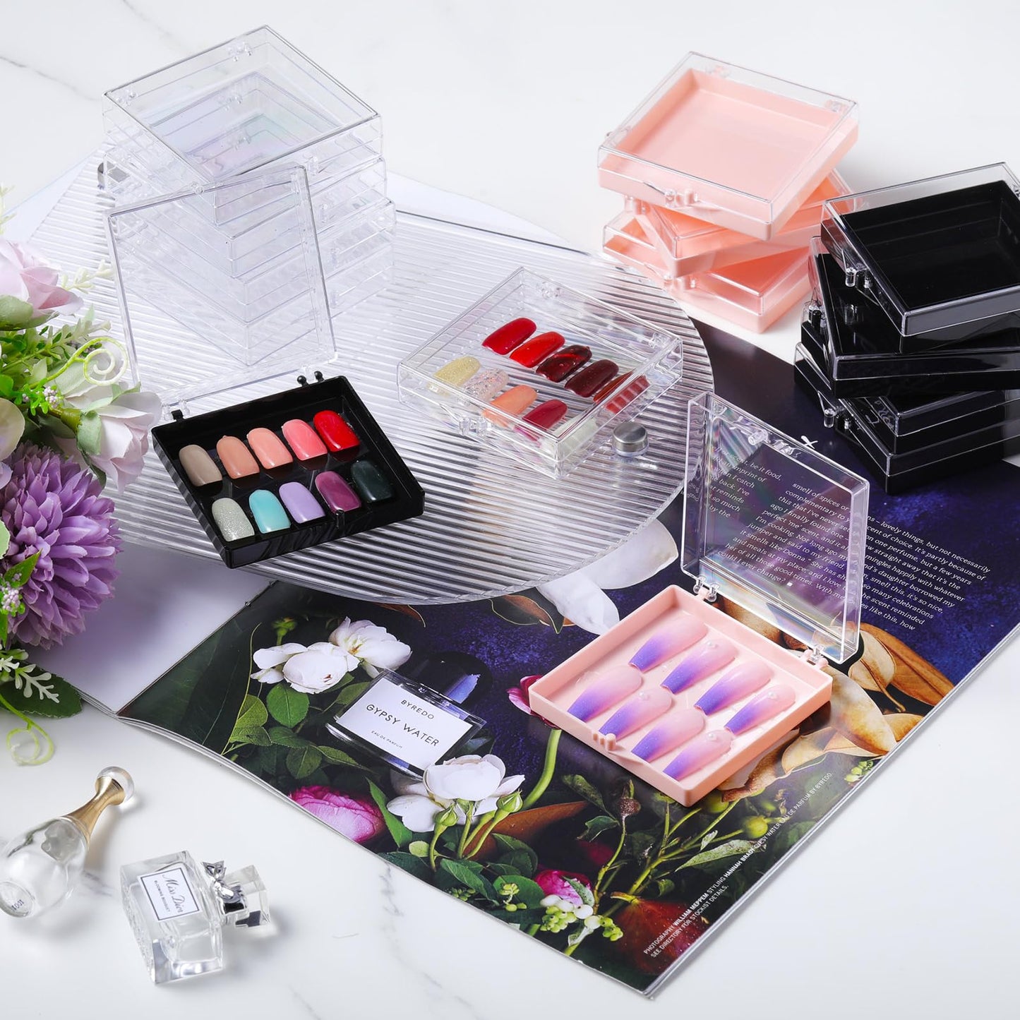Landhoow 15 Pcs Press On Nail Boxes Nail Display Case with 30 Adhesive Tape, Artificial Press On Nail Container, Acrylic Storage Organizer(Clear, Black, Pink)