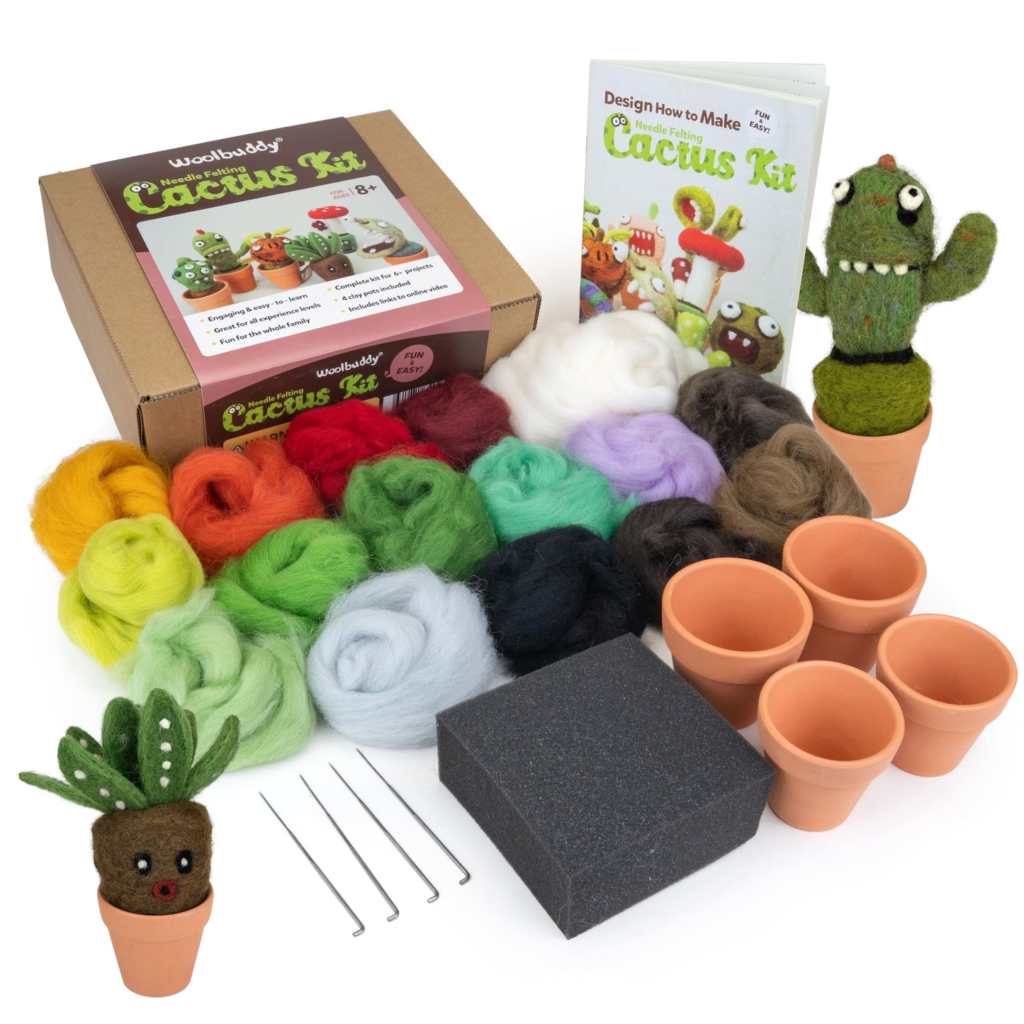 Woolbuddy Needle Felting Kit – Cactus & Succulent Felting Kit for Adults & Beginners, Beginner Needle Felting Kit with Wool Roving, Felting Needles, Foam Pad & Clay Pots | Cute DIY Craft Kit Gift