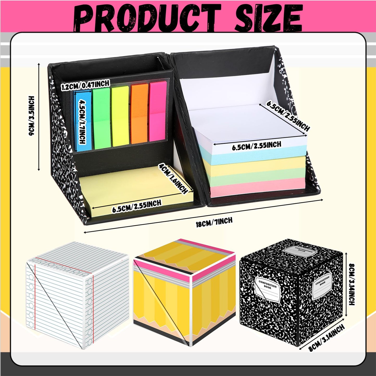 Eaasty 3 Set Teacher Appreciation Gifts Sticky Notes Organizer with Pen Holder 3-in-1 Memo Pad Set Portable Desk Organizer with Pencil Notebook Composition Book Pattern for End of Year Office