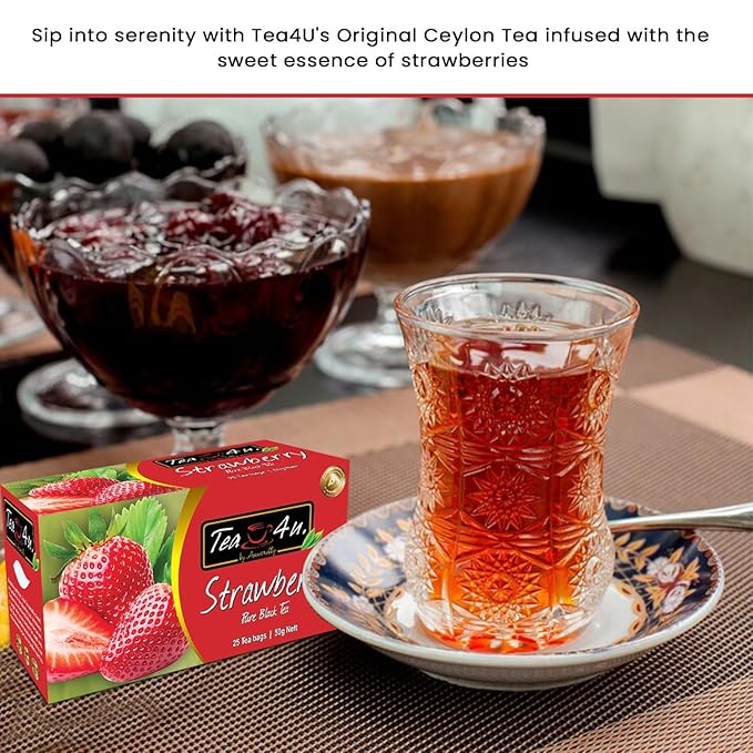 Tea4U Flavored Black Ceylon TeaBags (Strawberry) - Ideal Quality from Sri Lanka's Finest Leaves and Expertly Blended - 25 Count