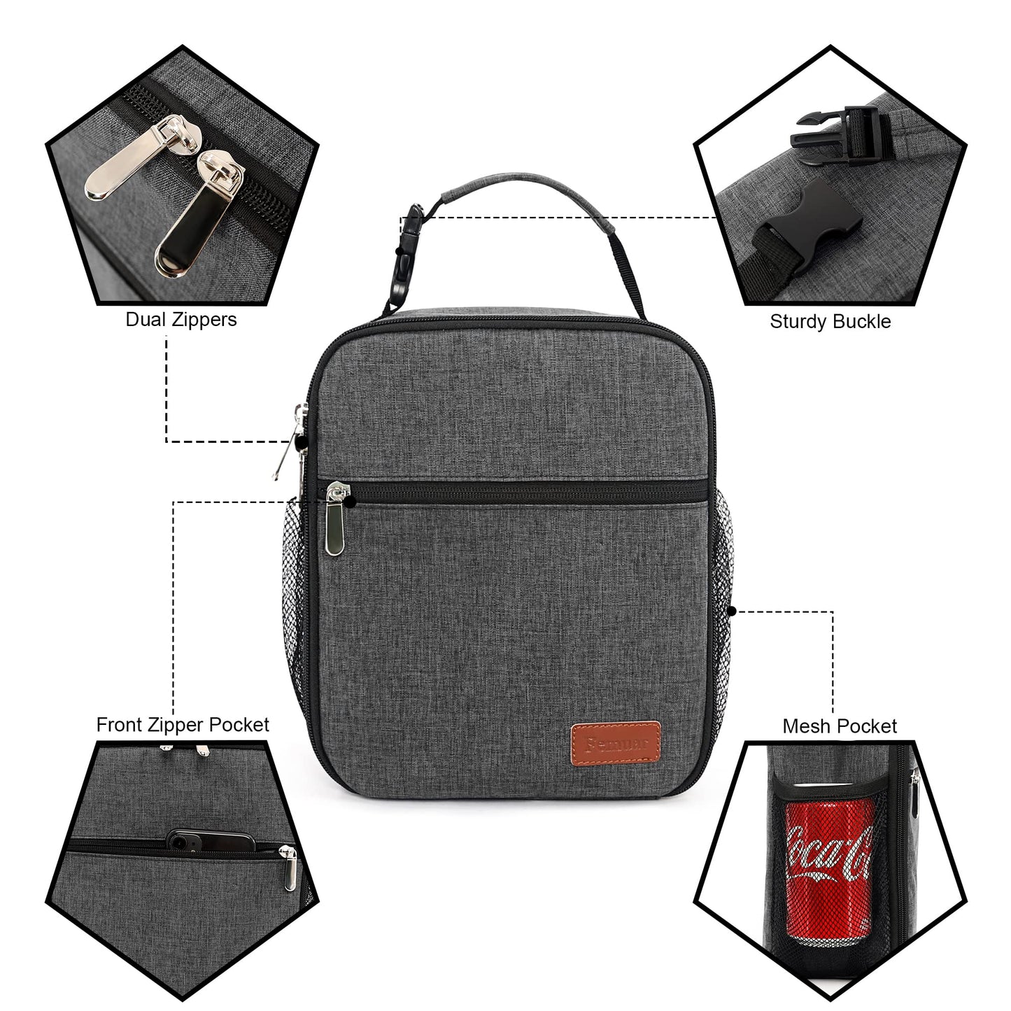 Femuar Lunch Box for Men Women Adults Small Lunch Bag for Office Work Picnic - Reusable Portable Lunchbox, Charcoal Grey