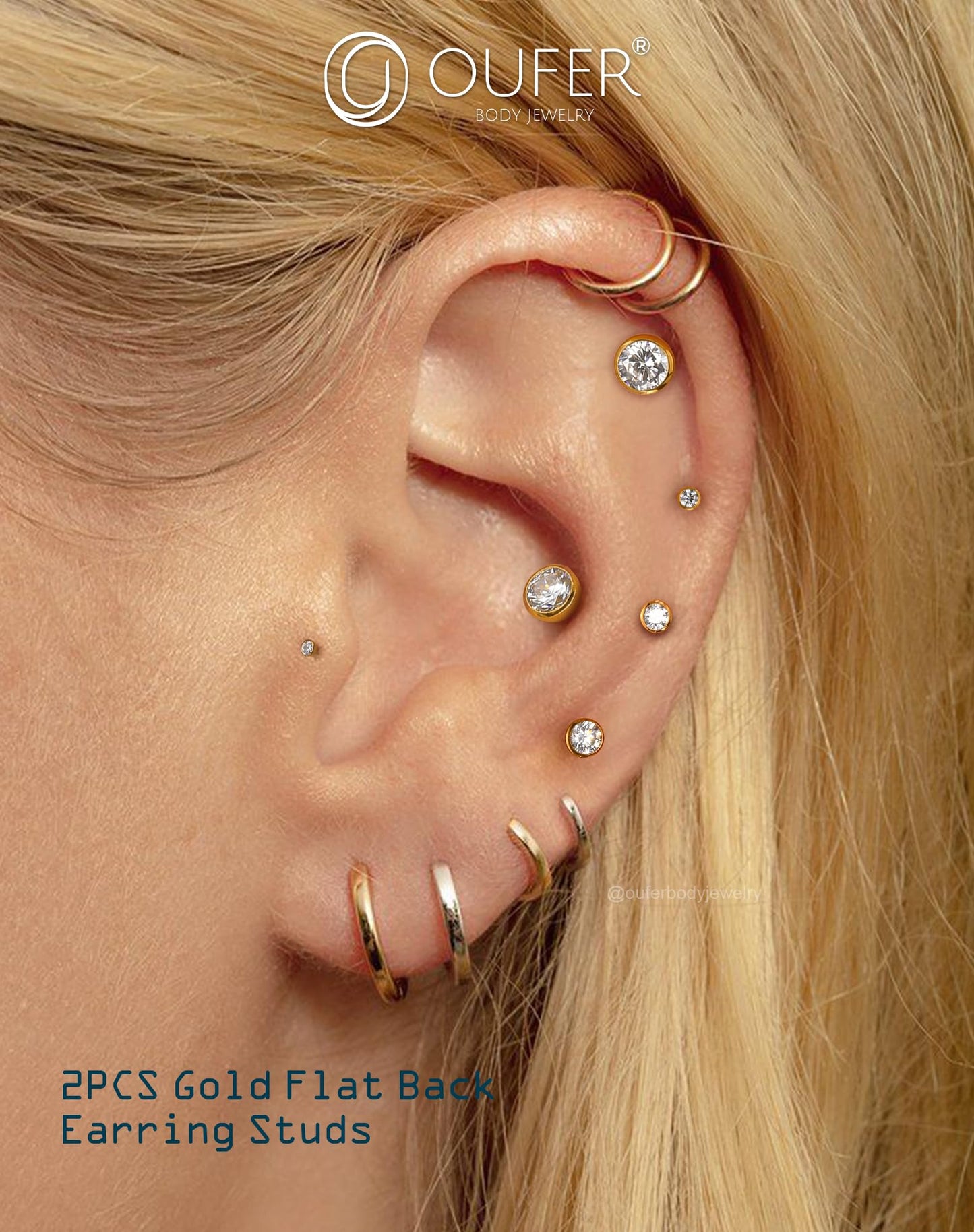 OUFER 2Pcs Nose Studs, 18G G23 Solid Titanium Threadless Nose Earrings Flat Back Tiny CZ 2MM Gold Nose Helix Cartilage Piercing Jewelry for Women Men-6MM