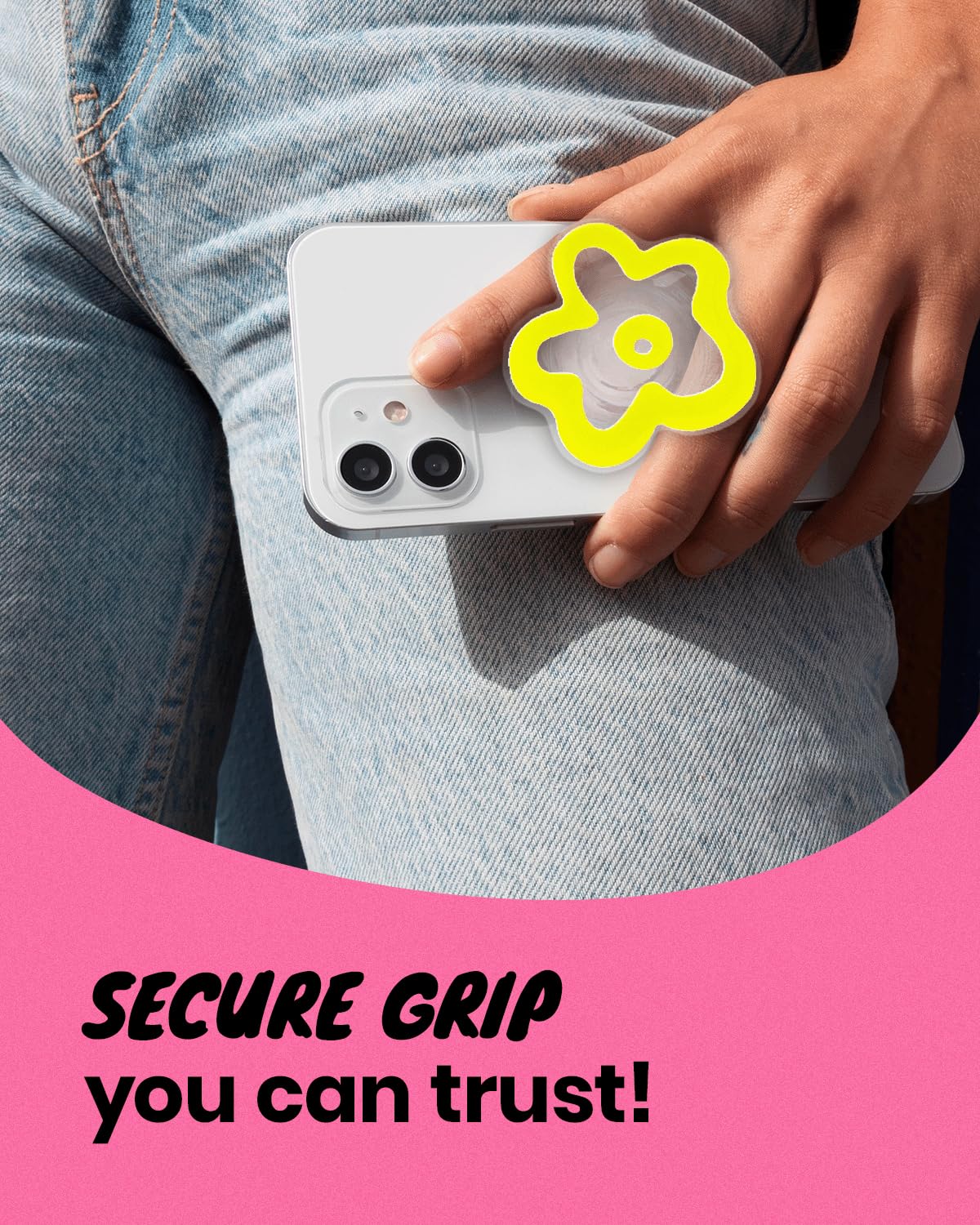OnTheGrip Cute Transparent Daisy Flower Shape Design Mobile Phone Grip Compatible with Magsafe Multi Functional Collapsible Stand Holder for Smartphone Tablet Cell Phone Accessory (Yellow)