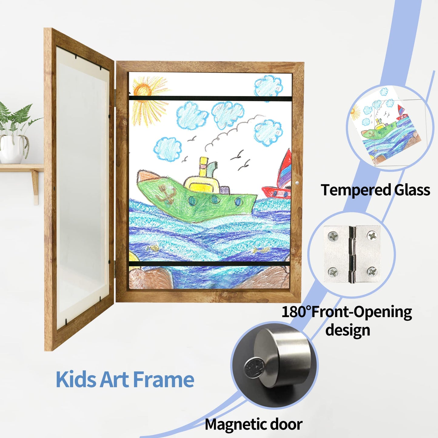 Kids Art Frames 8.5x11 - Front Opening Childrens Picture Frame Changeable, Wood Artwork Display Storage for Wall Mount, Magnetic Door Holds 50 Art Pieces for Drawings, 3D Picture, Crafts, Portfolio, Brown