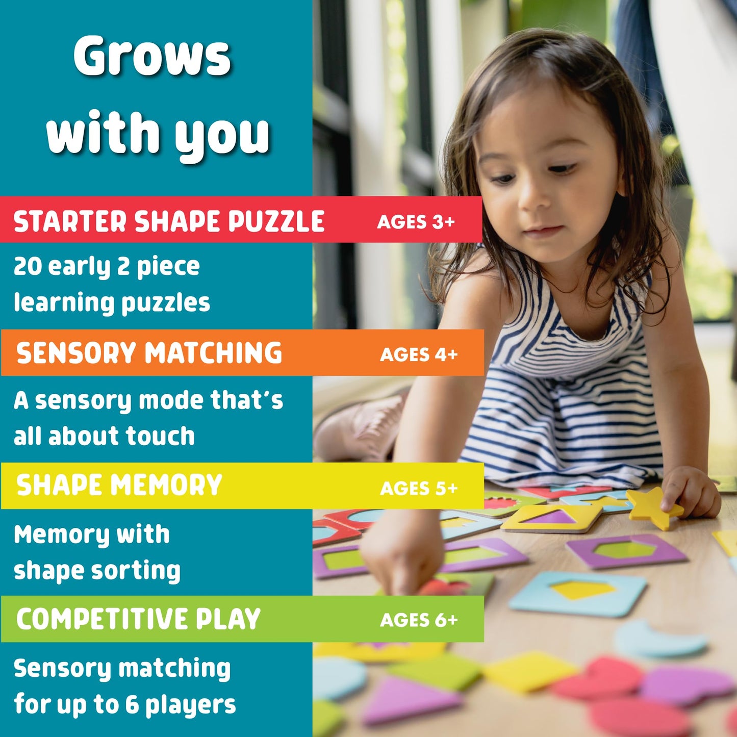 Chuckle & Roar Matching+ Wooden Sensory Shapes Memory Game for Kids Ages 3–6+ – Premium Wood Logic Puzzle & Shape Matching Game with Multiple Play Modes