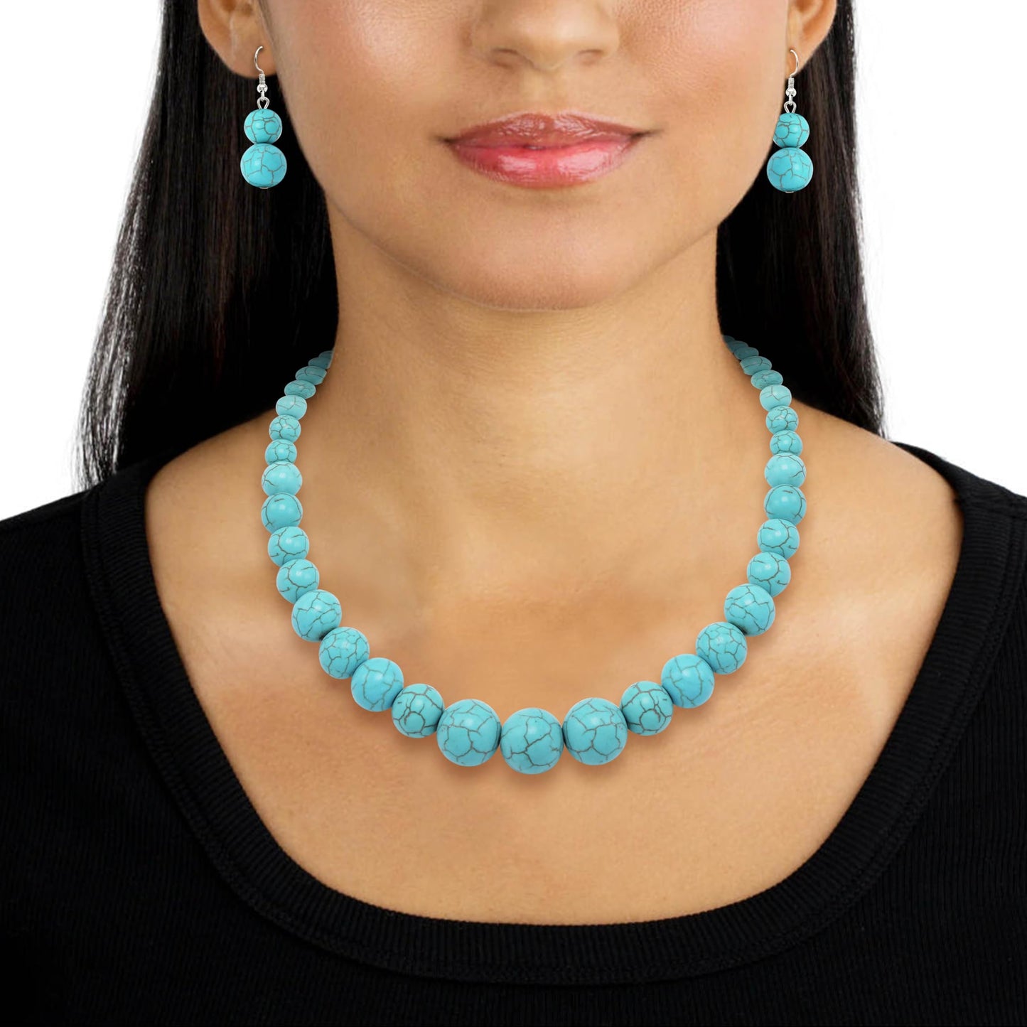Cryshimmer Turquoise Blue Bead Choker Necklace for Women Boho Faux Stone Beaded Necklace Earring Set Bohemian Costume Jewelry