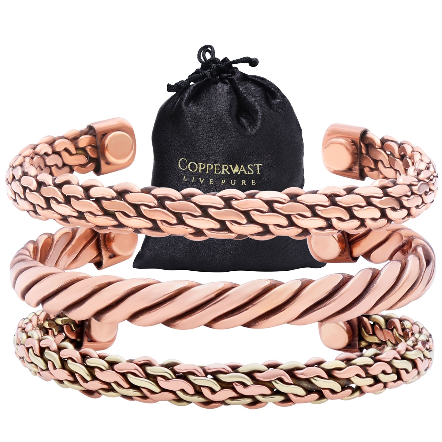 Coppervast Copper Bracelets - Valentine's Day Gift for Men & Women | Set of 3 with Gift Box | Handmade 100% Copper (Twisted) | Magnet Bracelets