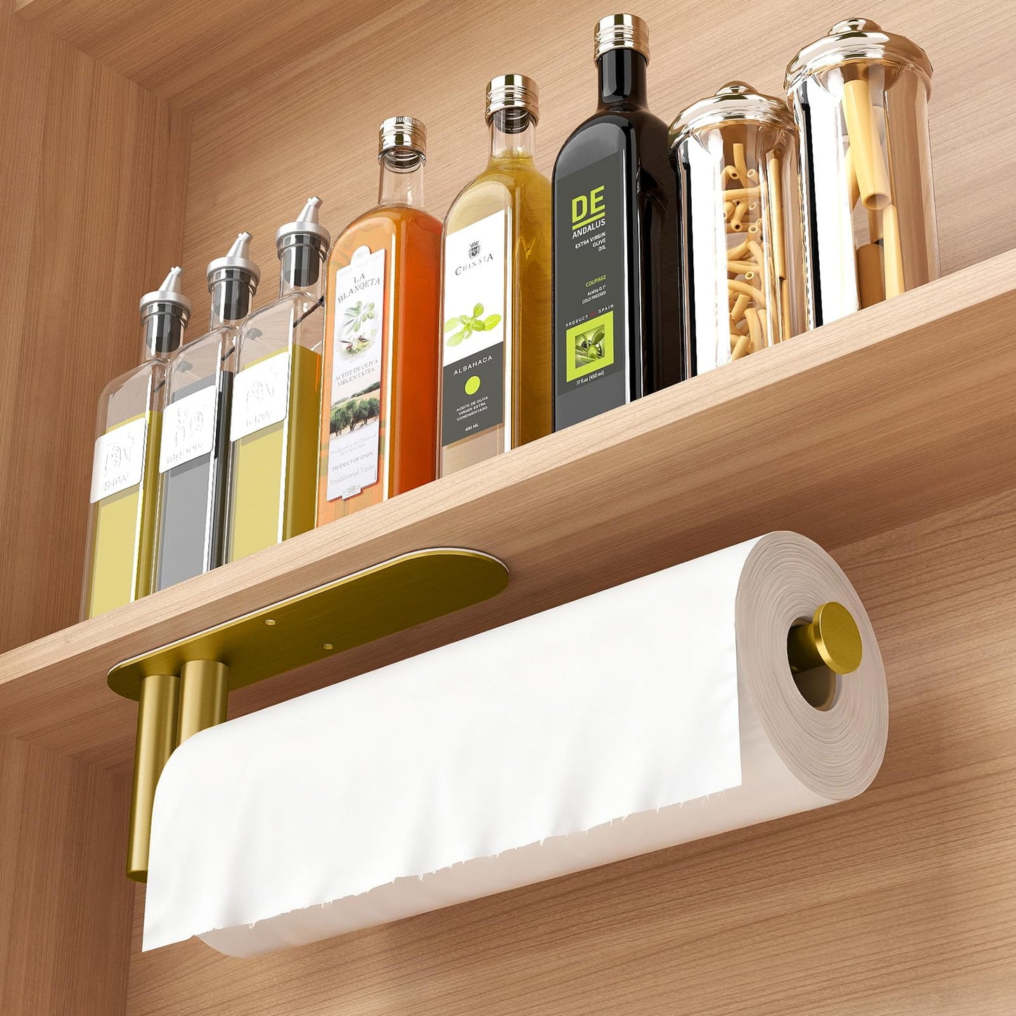 Paper Towel Holder Under Cabinet, 13Inch Self-Adhesive or Wall Paper Towel Holder for Kitchen, Bathroom, RV, Gold
