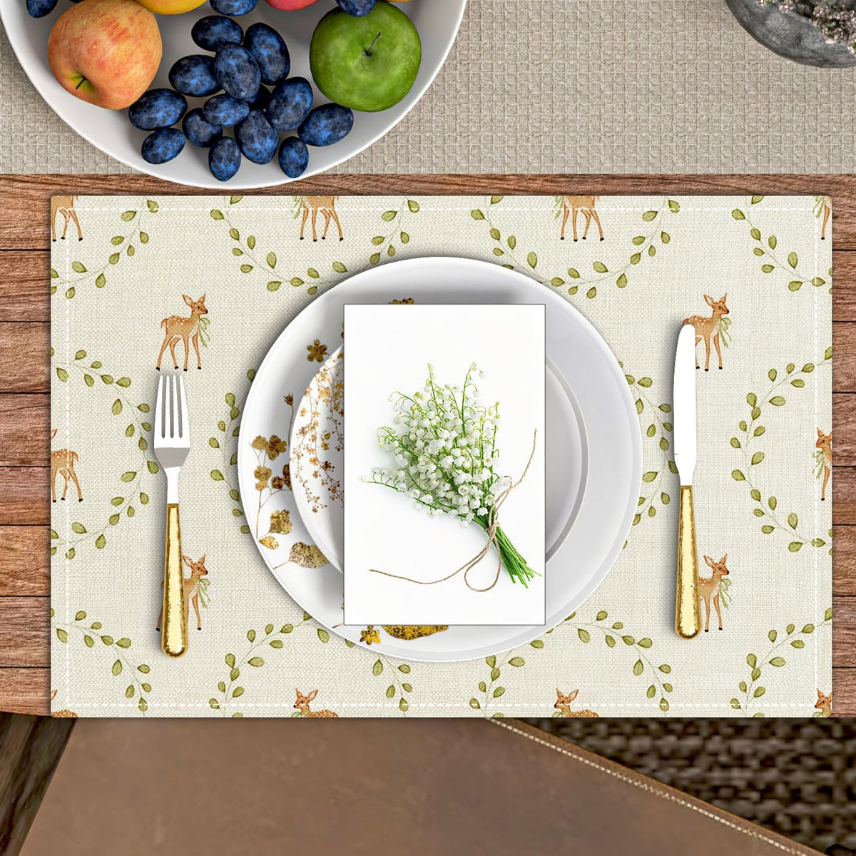 Fawn Themed Placemats Set of 4, Green Leaf Table Mat for Home Kitchen, Restaurants, Outdoor Linen Washable Place Mats 12x18 inch Party Event Dining Decoration-10