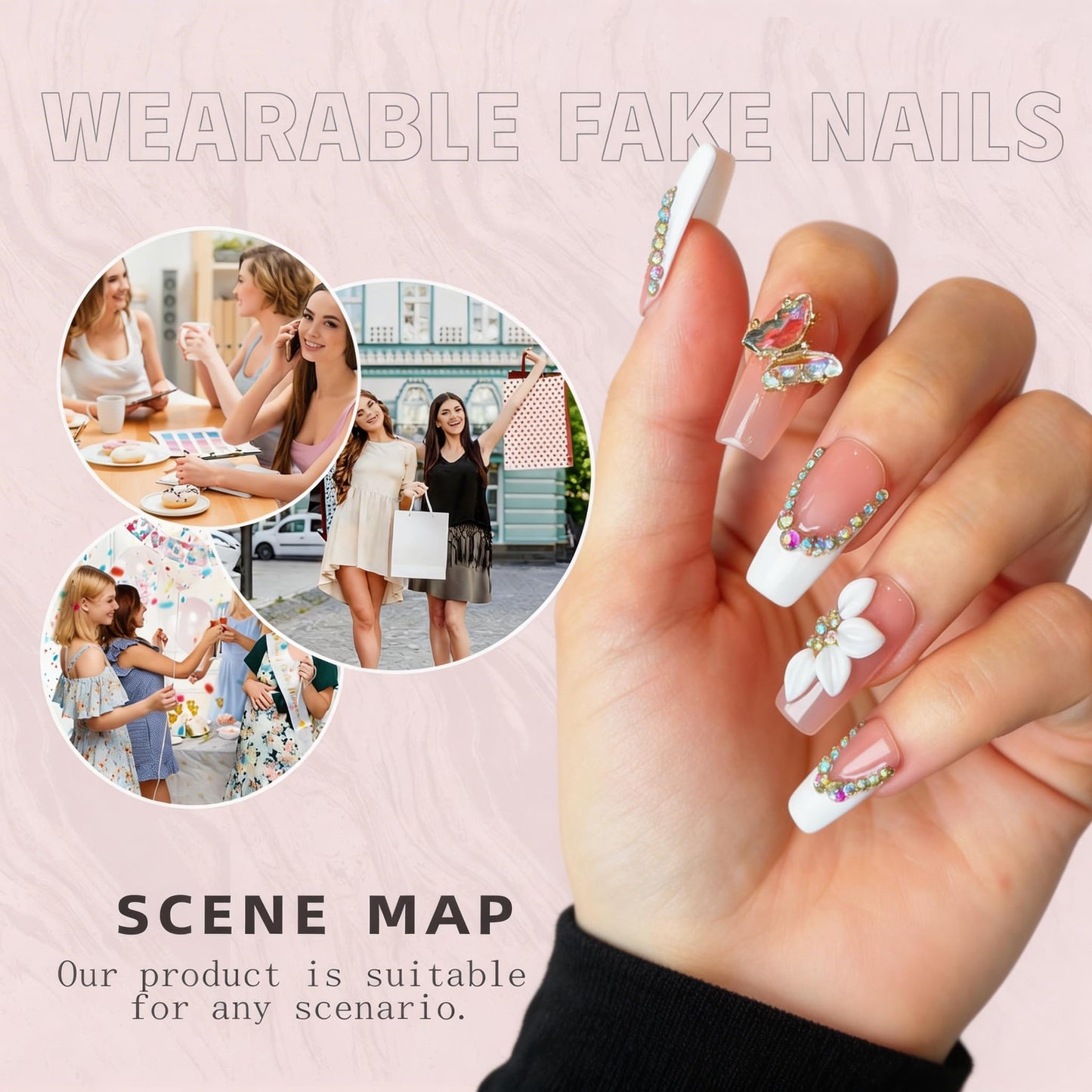 Handmade Press On Nails, 3D Flower & Butterfly White French Tip Fake Nails with Rhinestones, Reusable Acrylic False Nails Medium Length Square Press on Nails(M-10Pcs)
