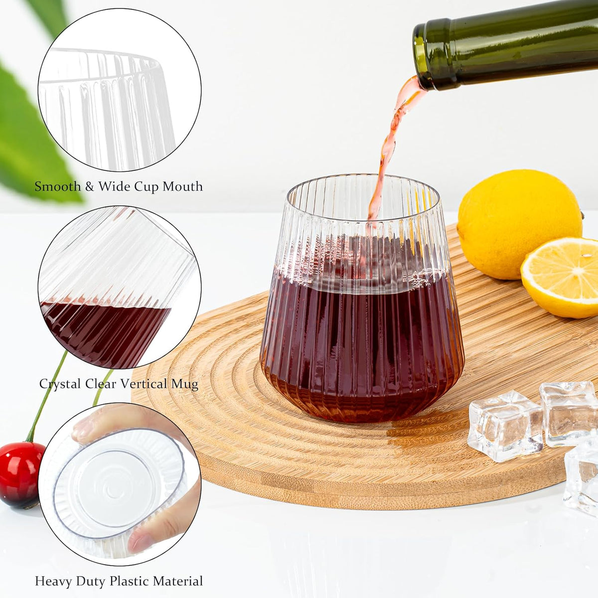 72 Pcs 12 oz Plastic Clear Ribbed Wine Glasses, Disposable & Reusable Champagne Glasses Elegant Whiskey Glasses Ideal for Weddings, Bars, Christmas, Halloween, Holidays, Pool Party, Daily Use
