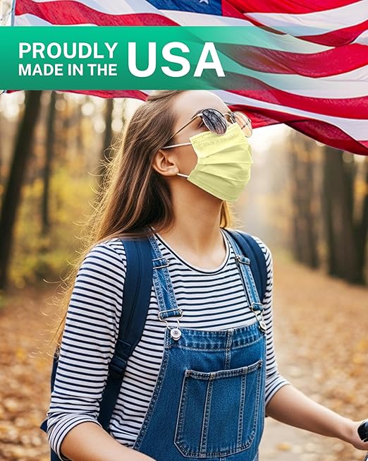 Disposable Face Masks Made in USA, 4 Ply for Families, Students, Breathable All-Day Wear & Safety, FSA HSA Eligible, ASTM Level 3 Medical Grade, 50 Pack, Light Yellow