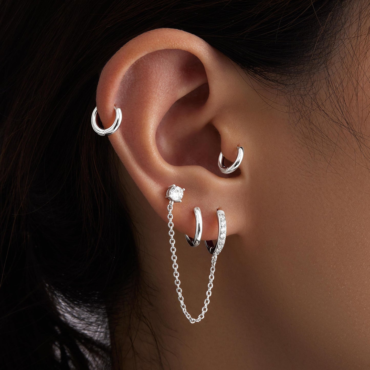Silve Chain Hoop Stud Earrings for Women, Huggie Small Stack Cartilage Chain Hoop Earring Sets for Multiple Double Piercing, Conch Helix Rook Tragus Daith Piercing Silver Clip On Jewelry Set Gifts