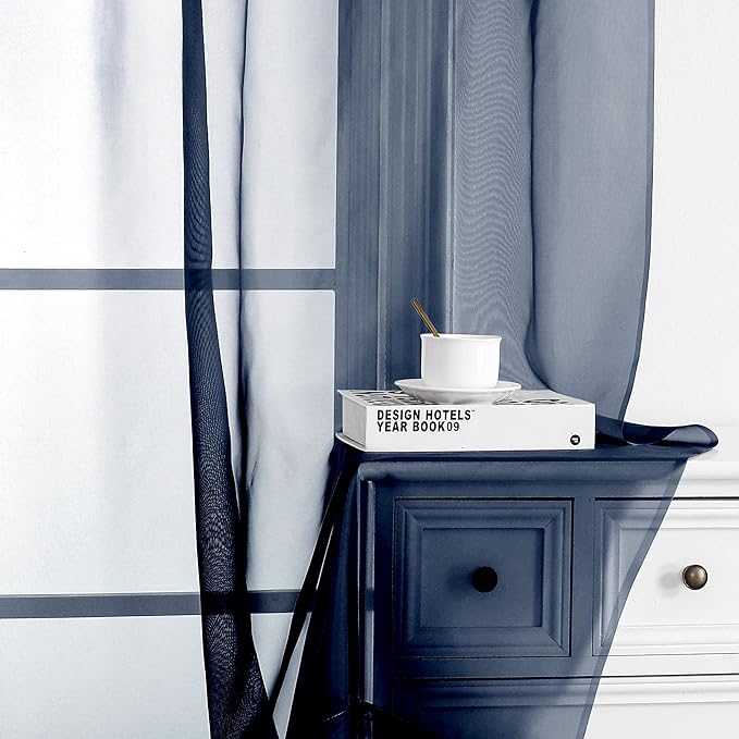 Chyhomenyc Navy Blue Sheer Valances for Windows - Light Filtering Small Kitchen Curtains, Rod Pocket Short Top Window Treatment Decor for Living Room Bathroom Basement, 42Wx16L inches, 2 Panels
