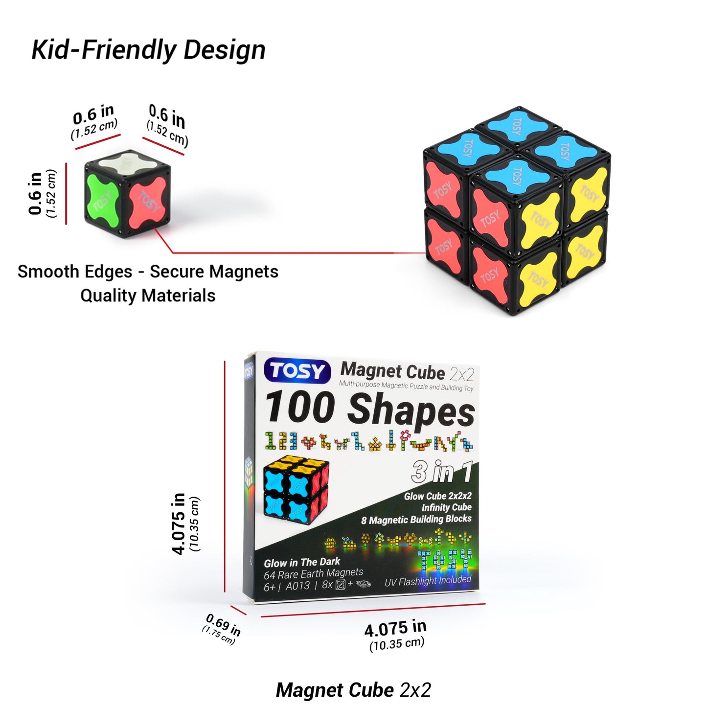 TOSY Magnet Cube 2x2 - 8 Blocks, 2in1 Toy: 2x2x2 Puzzle Cube and Customizable Infinity Cube, Easter Basket Stuffers Gifts for Kids/Grandkids, Glowing with UV Flashlight, Sensory/STEM Toy