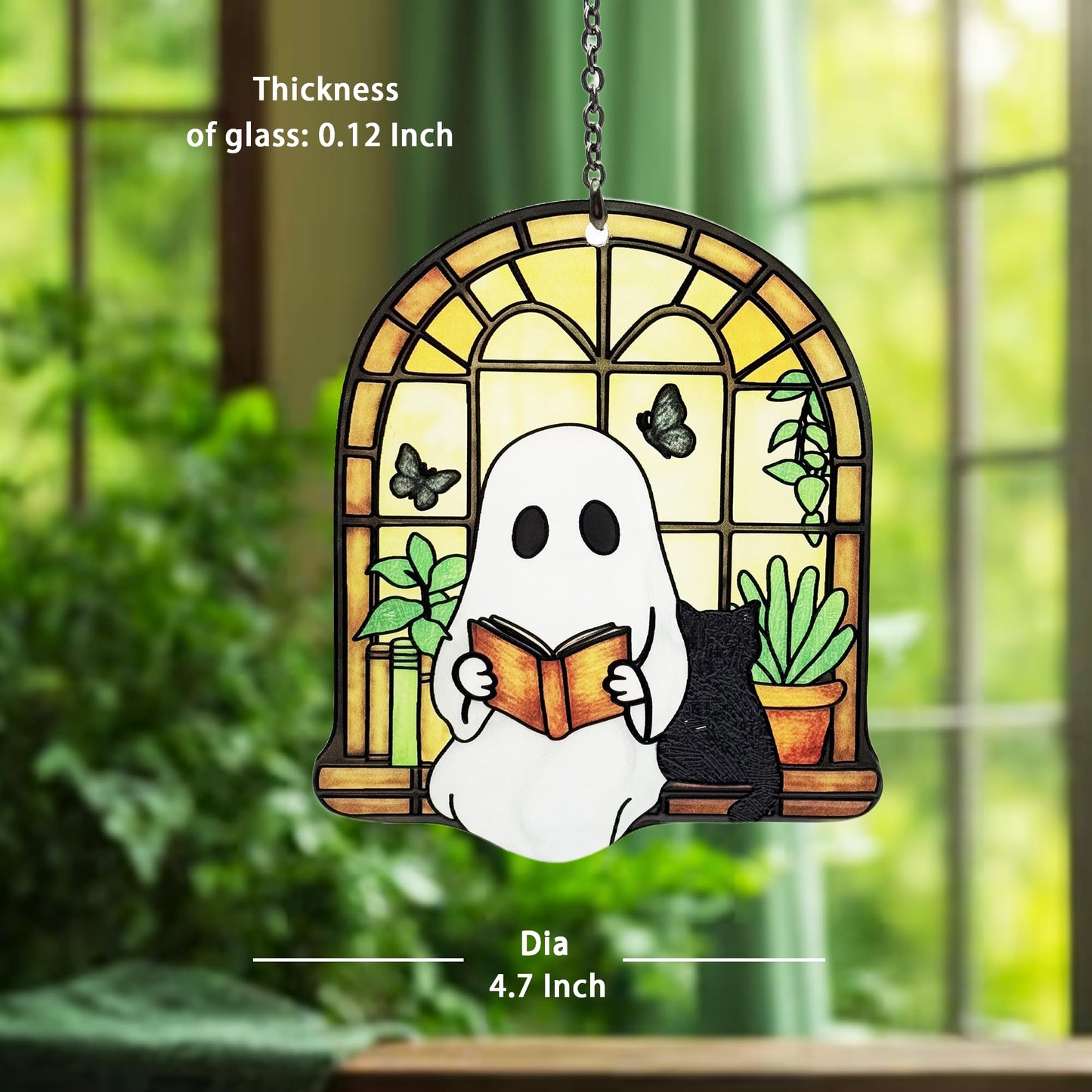 Ghost Black Cat Suncatcher, Ghost Reading Book Christmas Giifts for Women, Cat Lover Gifts