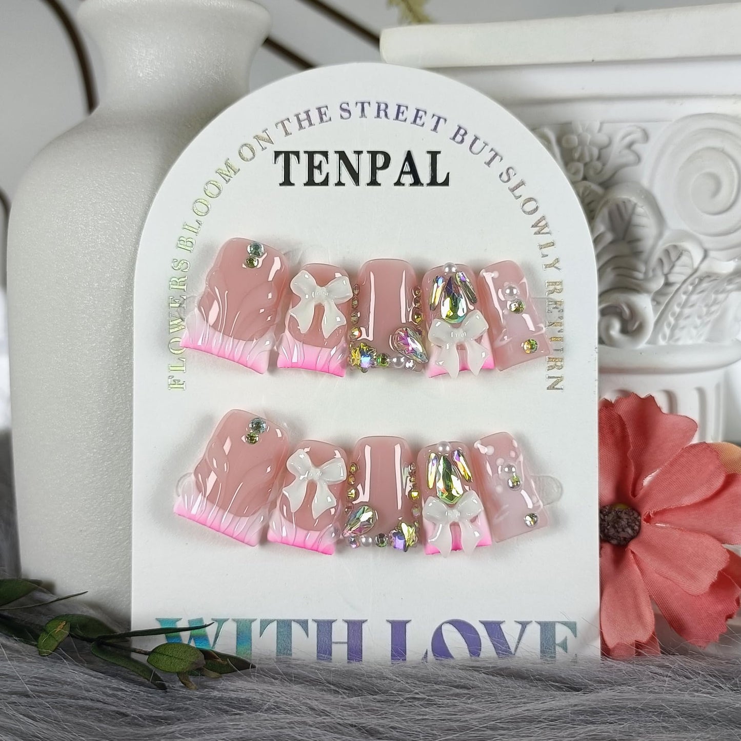TENPAL 10Pcs Ballerina Press On Nails With Tools,3D Bow Flushed French Tip Fake Nails with Crystals Bow,Icy Pink Duckbill Nails with Glitter Sweet Punk Designs,Acrylic Glue on Nails for Pool Party(M)