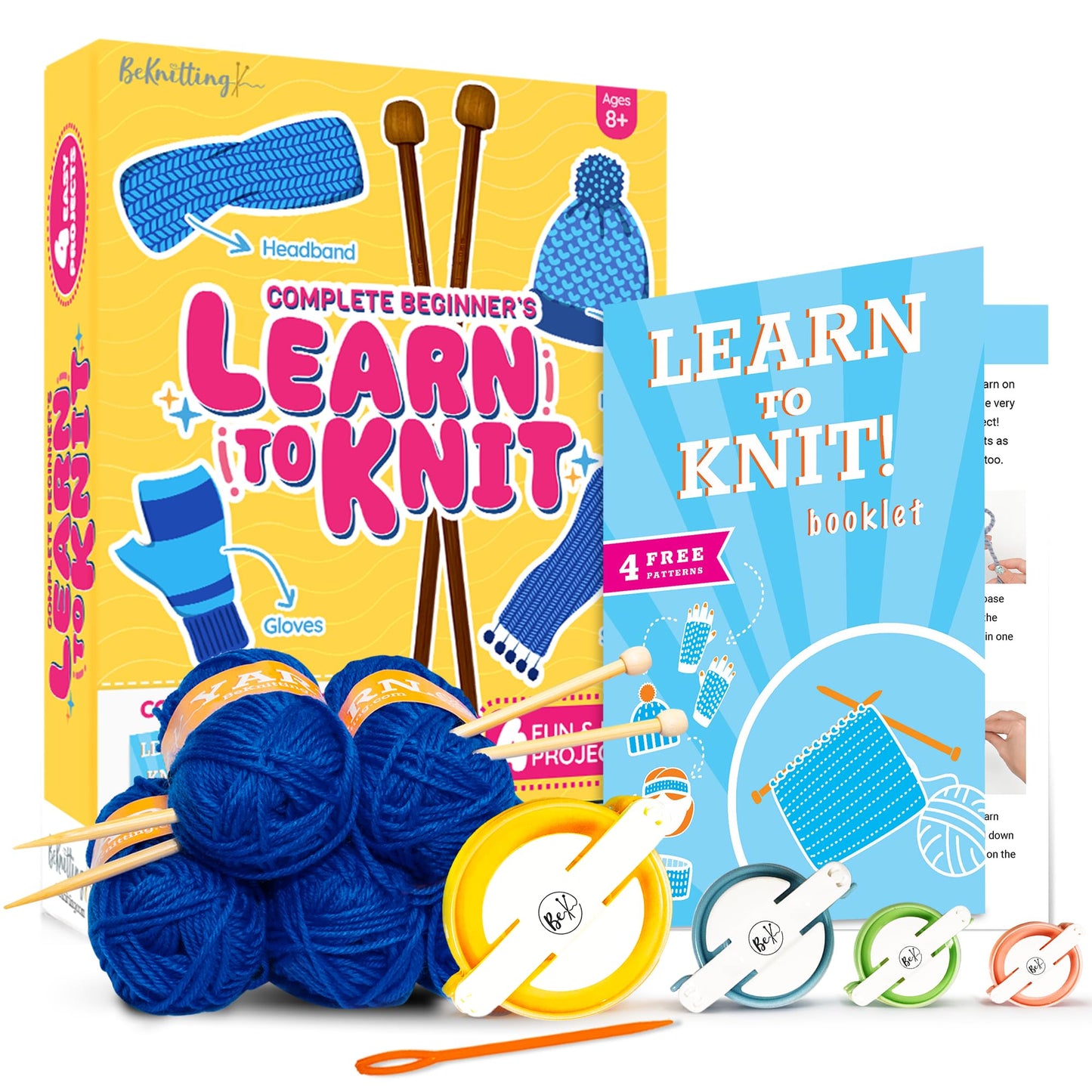 BeKnitting Knitting Kit for Beginners Adults & Kids - Learn to Knit - Yarn, Pompom Makers, Needles & Other Supplies | Holiday Gifts, Gift-Ready Box