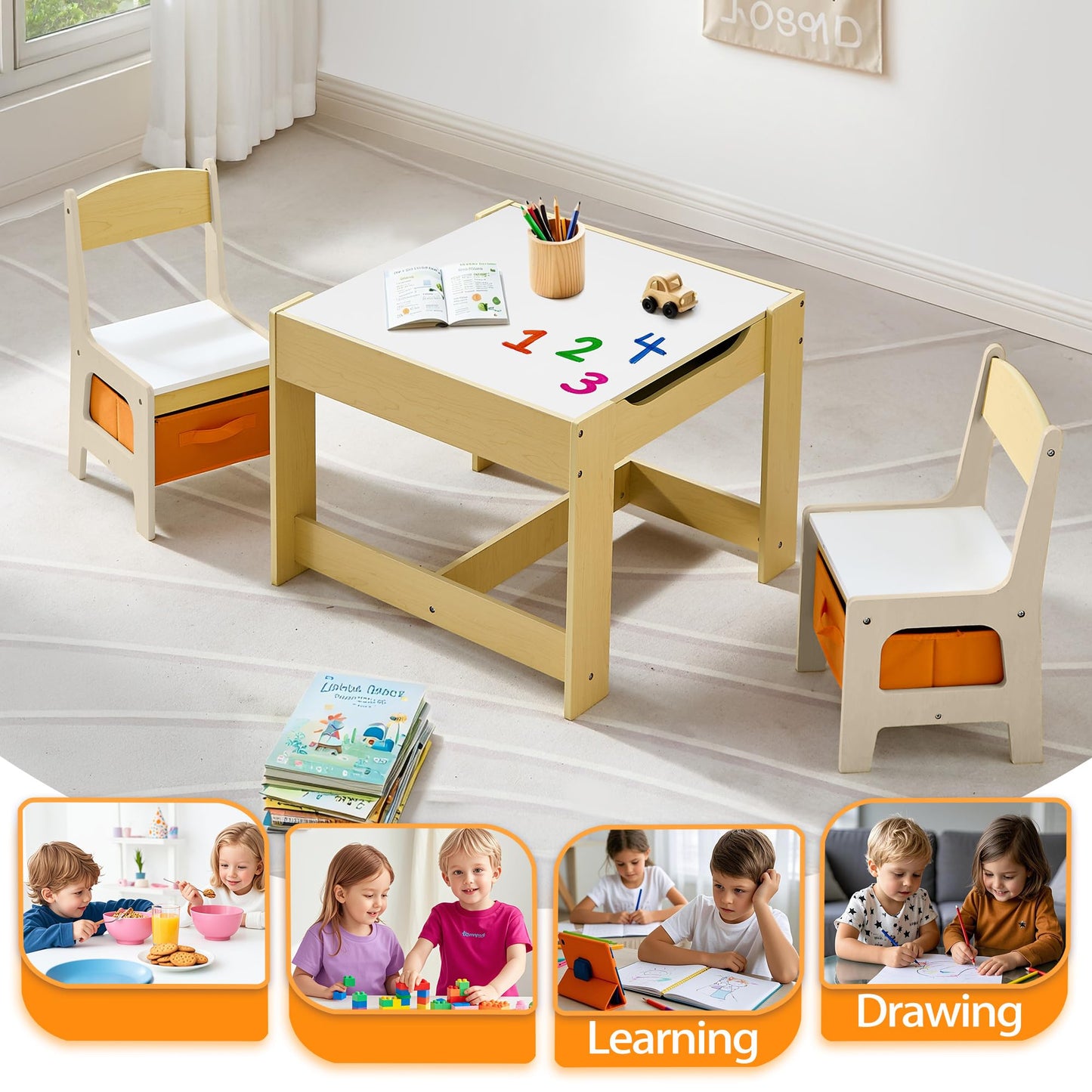 CuFun Kids Table and Chairs Set, 4 in 1 Wooden Kids Table with Reversible Tabletop, Children Activity Table with Removable Tabletop Storage, Toddler Table and Chair Set for Home, Nursery, Playroom