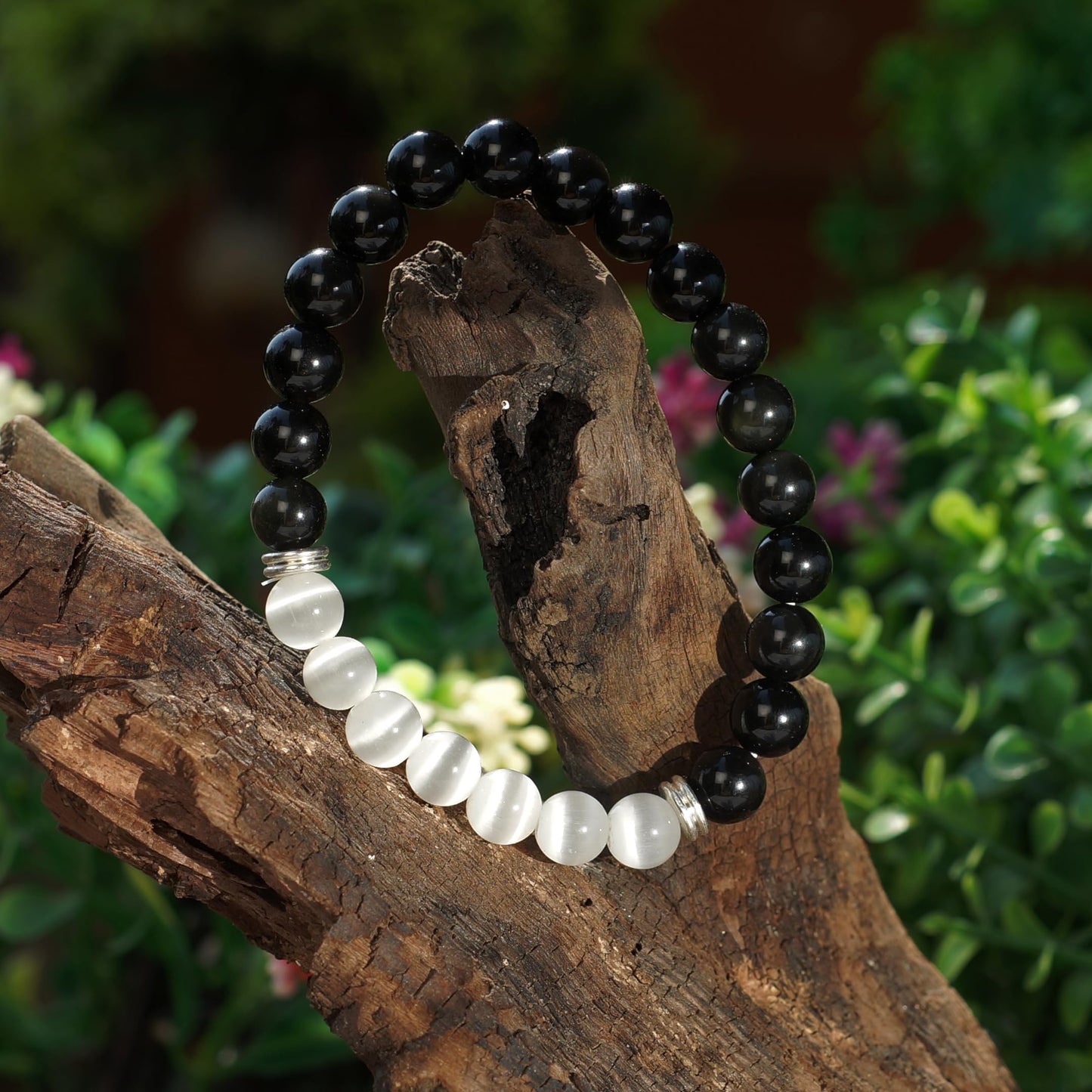 Black Obsidian & White Selenite Agate Bracelet – Chakra Healing Energy Balancing Crystal Bracelet for Protection & Mindfulness Gift