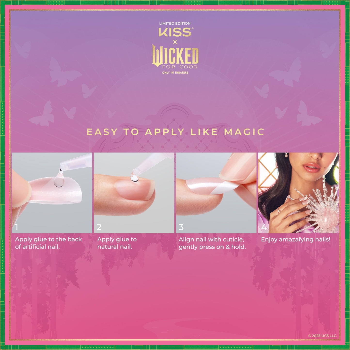 KISS X WICKED: FOR GOOD Press On Nails Almond, ‘Dreams Take Flight’, Green, Medium, Waterproof, Chip Proof, Smudge Proof, 28 Fake Nails, Pink Gel Nail Glue (2g), Mini Nail File, & Manicure Stick