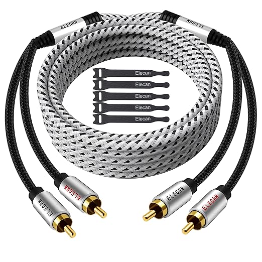 Elecan Premium RCA Cable 20 Ft (Hi-Fi Sound-16 AWG-Shielded) 2 RCA Male to 2 RCA Male Stereo Audio Cable, Gold Plated-Aluminum Alloy Shell-Pure Copper-Braided RCA Cord for Home Theater Speakers + Ties