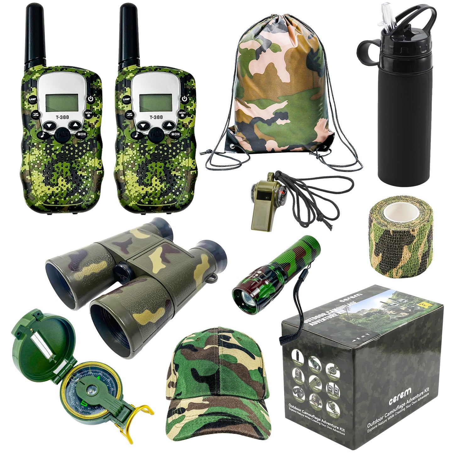 CEREM Kids Explorer Kit - 10-in-1 Nature Explore Set with Walkie Talkies, Binoculars, Compass, LED Flashlight - Outdoor Adventure Kit for Boys and Girls - Complete Camping Gear Bundle
