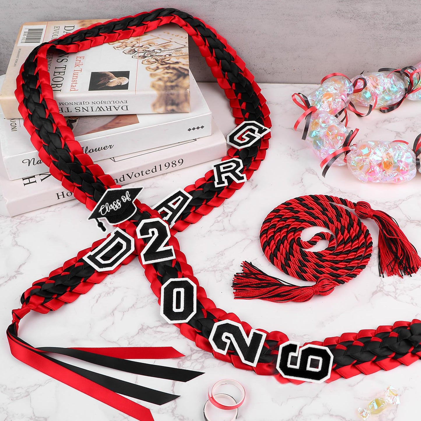 Eshylala Graduation Ribbon Lei Class of 2026 Graduation Leis Kit Grad Handmade Double Braided Necklace Honor Cord with Tassel and Number Patch Set for Graduation Party School Gift (Red)