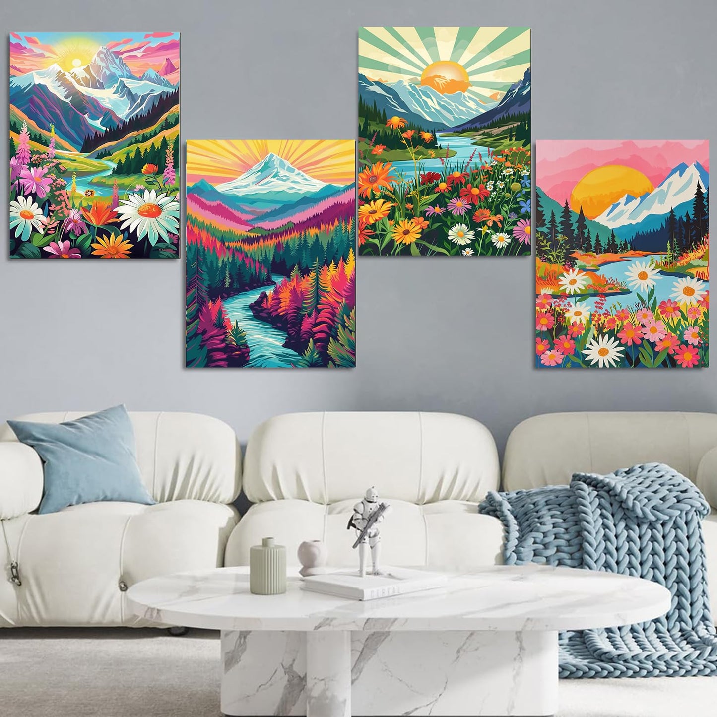 Jethami 4 Pack Paint by Numbers for Adults, Mountains Lake Sunset Landscape DIY Art Kits for Beginners, 8x12 in Framed Canvas for Home Decor
