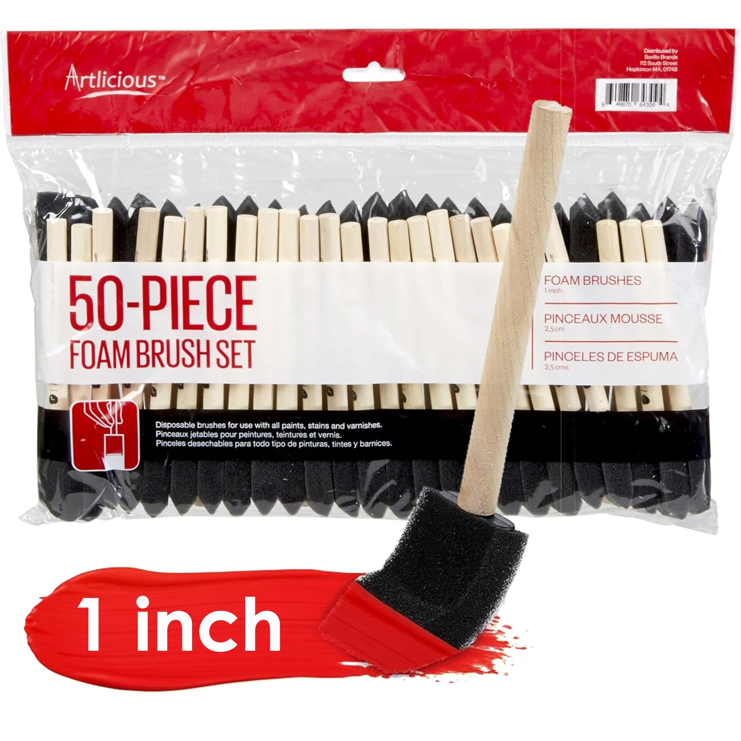 Artlicious Foam Brush Set - Pack of 50 Disposable, 1-inch Sponge Paint Brushes for Acrylic Painting, Staining, Varnishes & DIY Craft Projects - Art Supplies