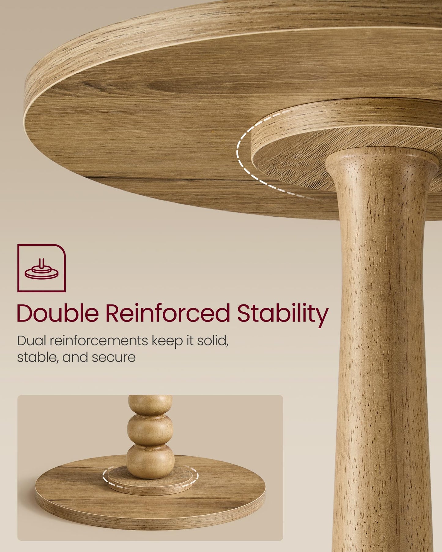 VASAGLE MARIEL Collection - Round Side Table, Small Drink End Table for Small Spaces, Accent Nightstand, Solid Wood Leg, Mid-Century Modern, for Living Room Bedroom, Natural Brown ULET293HC01S