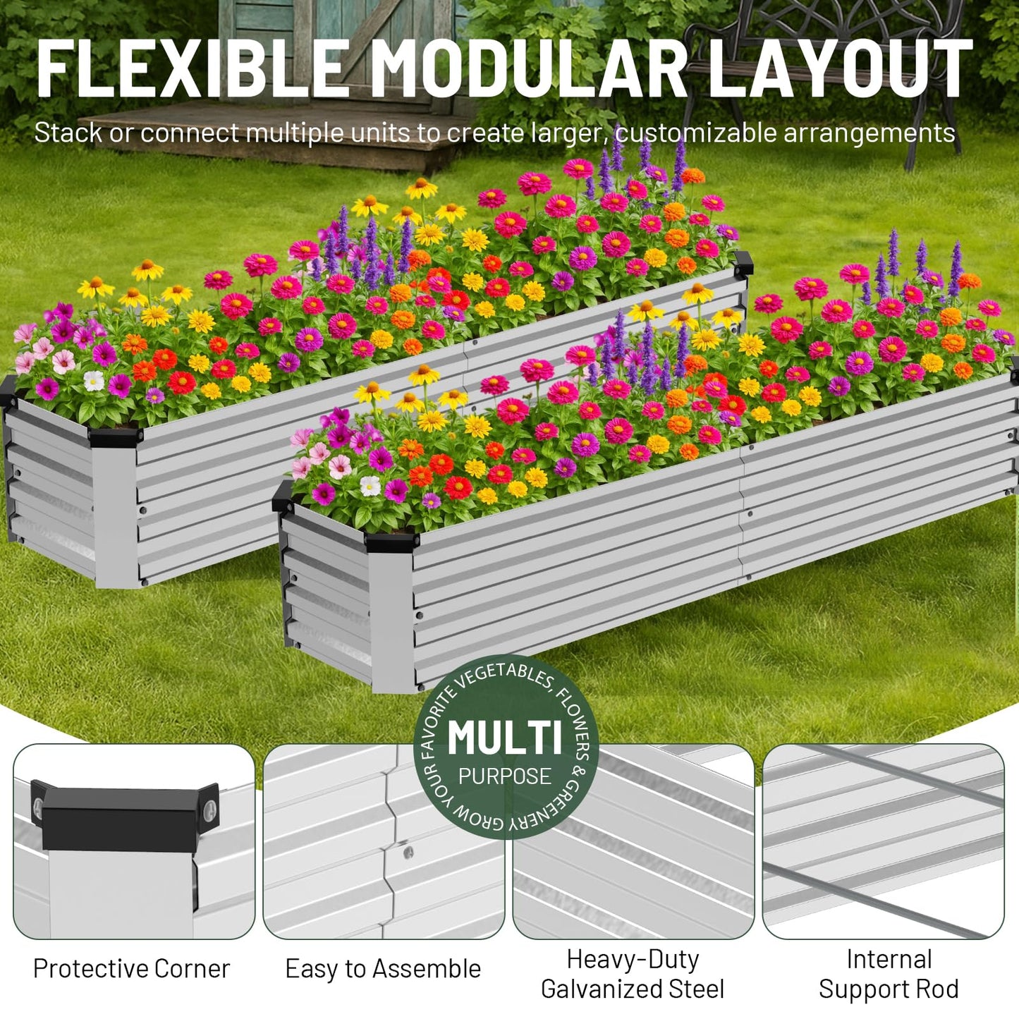 Bujijun 2 Pack 6x1.5x1FT Galvanized Metal Raised Garden Bed Kit for Vegetables, Herbs, Open-Bottom Large Capacity Outdoor Planter Box Gardening Stakes, Silver