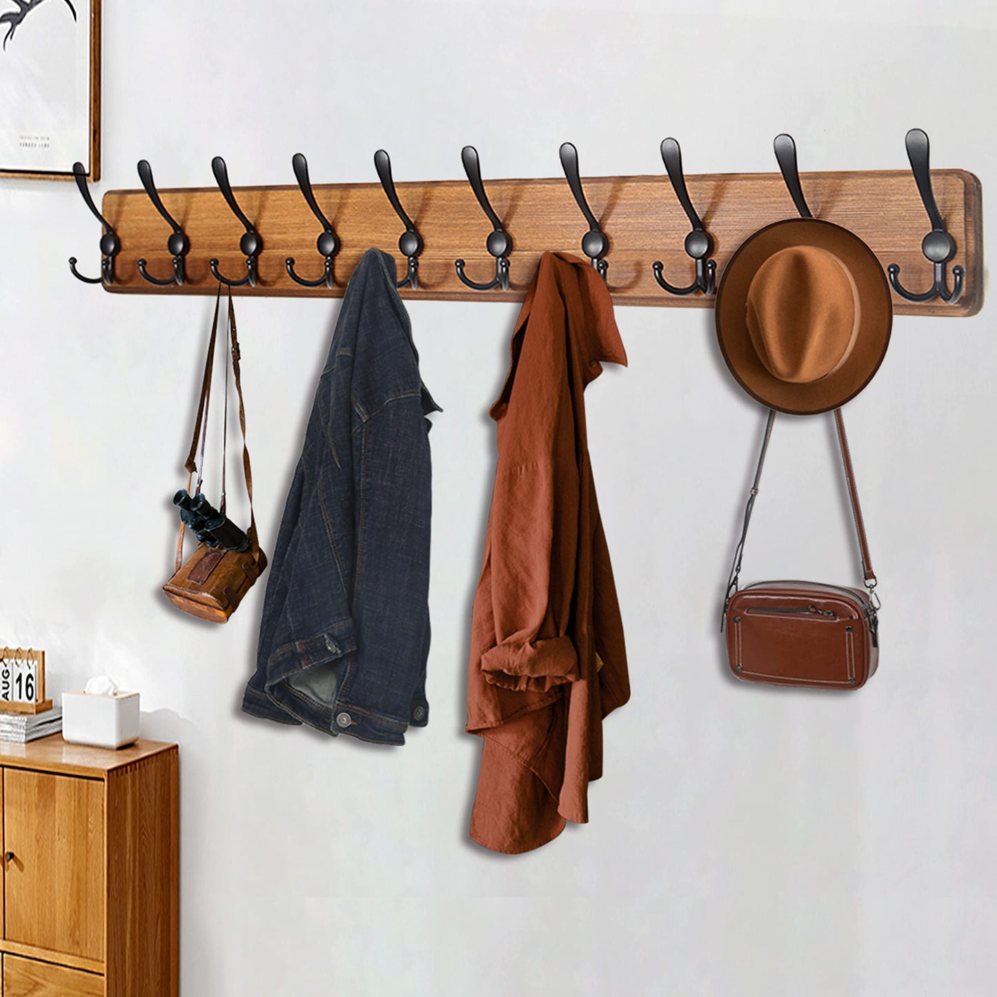 WEBI Coat Rack Wall Mount,38 9/16" Long,10 Hooks,Coat Hooks Wall Mounted,Coat Hanger Wall,Farmhouse Wood Hook Rack Rail,Triple Hooks for Hanging Coats,Clothes,Jacket,Brown