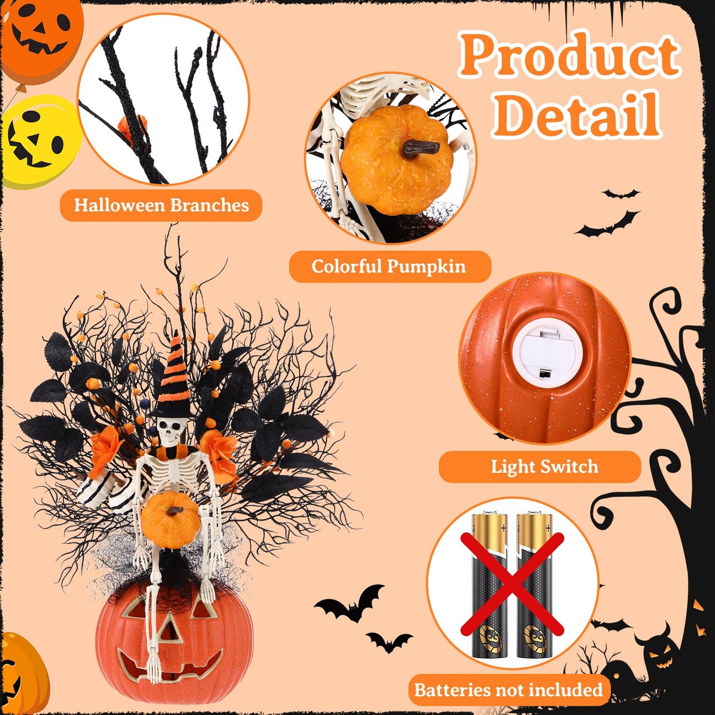 Thiccywoov Large Halloween Tabletop Decorations with Lights 17.7'' x 11'' Halloween Table Centerpieces Halloweens Artificial Flower Skeleton Skull Pumpkin Table Decor for Home Indoor Party Supplies