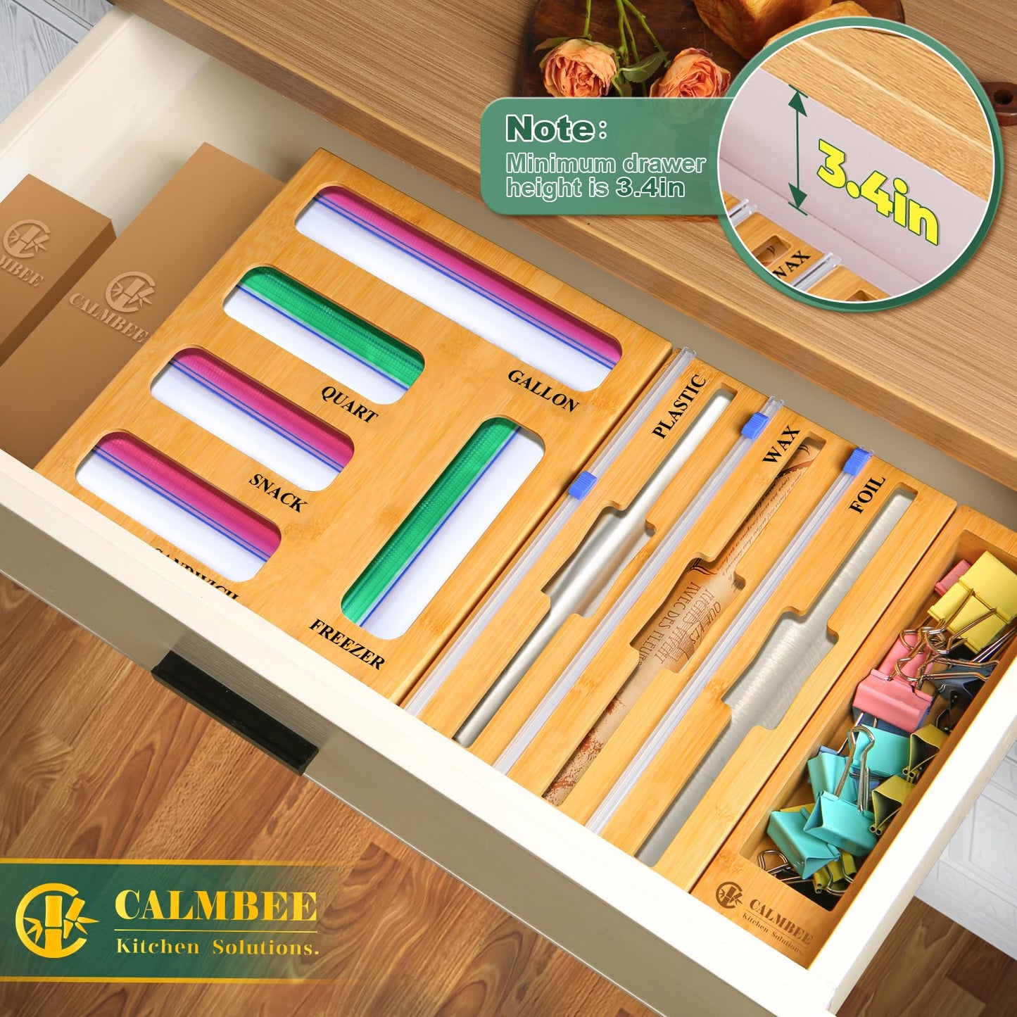 Calmbee 9 in 1 Bamboo Storage Bag Organizer for Kitchen Drawer – Plastic Wrap Dispenser with Cutter & Foil Organizer, Wooden Baggie Organizer for Sandwich, Snack, Gallon, Quart Sizes, Natural